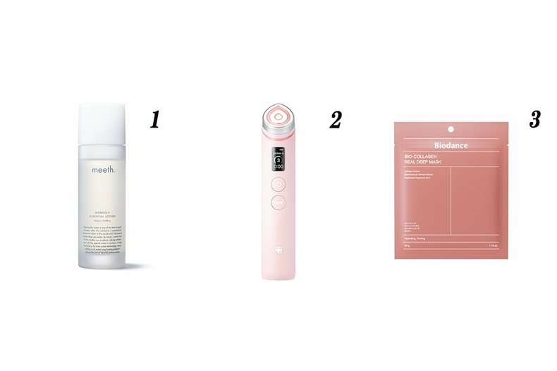 透明感「なな肌」スキンケア・愛用コスメ7選　1.meeth　モアリッチエッセンシャルローション　100㎖　￥8,800　2.メディキューブ　AGE-R ブー スタープロ　￥33,000　3.Biodance　バイオコラーゲンリアルディープマスク　4枚入り　￥2,640／サン・スマイル　