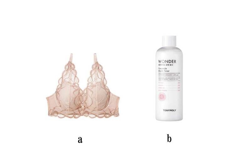 a.ピーチ・ジョン　ナイスバディブラ　リボンレース　モーヴピンク　￥3,900 b.トニーモ リー　ワンダーCモチトナー　500㎖　￥1,980／P2C