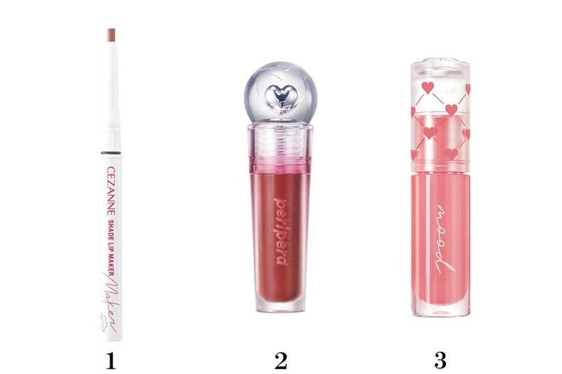 １セザンヌ　影色リップメイカー　02　￥660／セザンヌ 化粧品 ２ぺリペラ　インク ジェラブル ティント　04　￥1,430　３同　インク ムード グロイ ティント　30　￥1,210