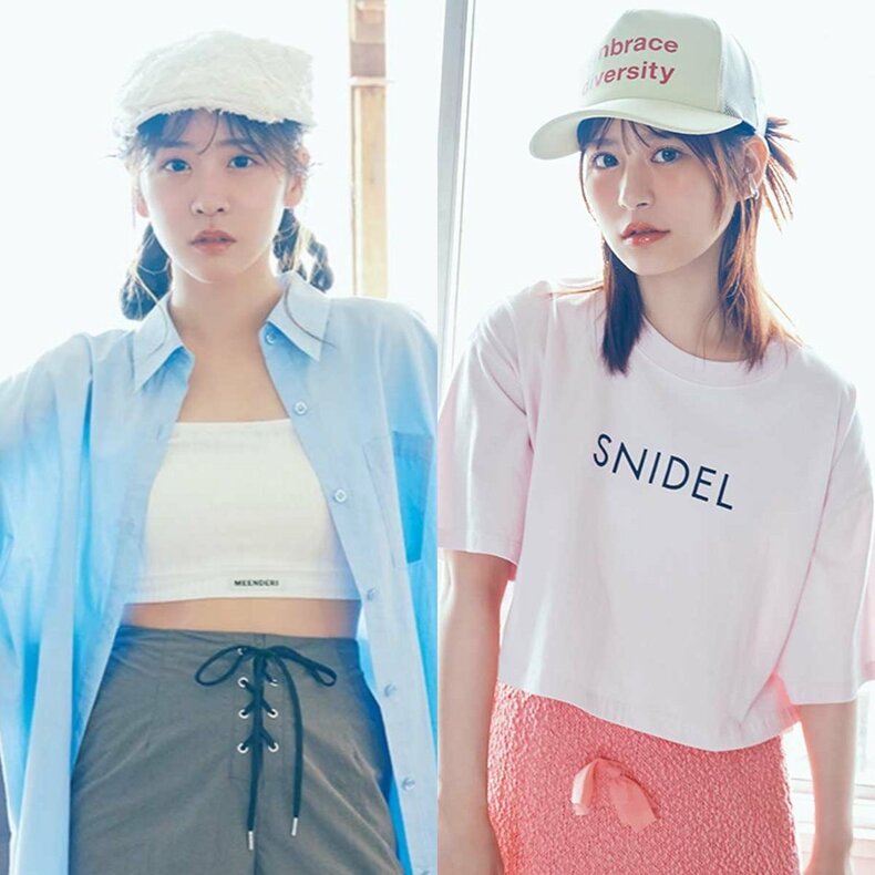 櫻井優衣＆月足天音のハンチング＆キャップコーデ<br>​櫻井優衣（左）・月足天音（右）2025年ar7月号より