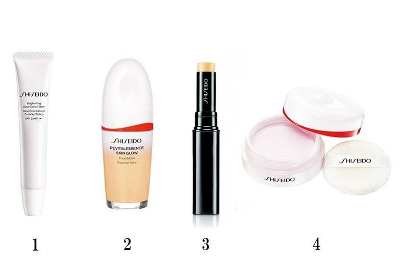 1.SHISEIDO　ブライトニング スポットコントロール ベース（医薬部外品）　SPF35･PA+++　ピンク32ℊ　￥5,500 2.SHISEIDO　エッセンススキングロウ ファンデーション　SPF30･PA+++　130　30㎖　￥7,590 3.SHISEIDO　シンクロスキン ラディアントリフティング コンシーラー202　￥4,400 4.SHISEIDO　エッセンス スキンセッティング パウダー　03　￥5,500（限定色）