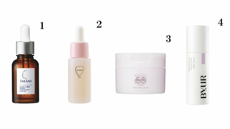 1：タカミ　エッセンスセラミカ+N　30㎖　￥9,900　2：フーミー　オイル 美容液［医薬部外品］　20㎖　￥3,080／Nuzzle　3：ソソ　スージングバーム　50ｇ　￥3,520／Nuzzle　4：バイユア　セラムフィット シャイニング トーンアップクリーム V1　02　SPF50+・PA++++　￥2,860（5/22発売）／Hamee