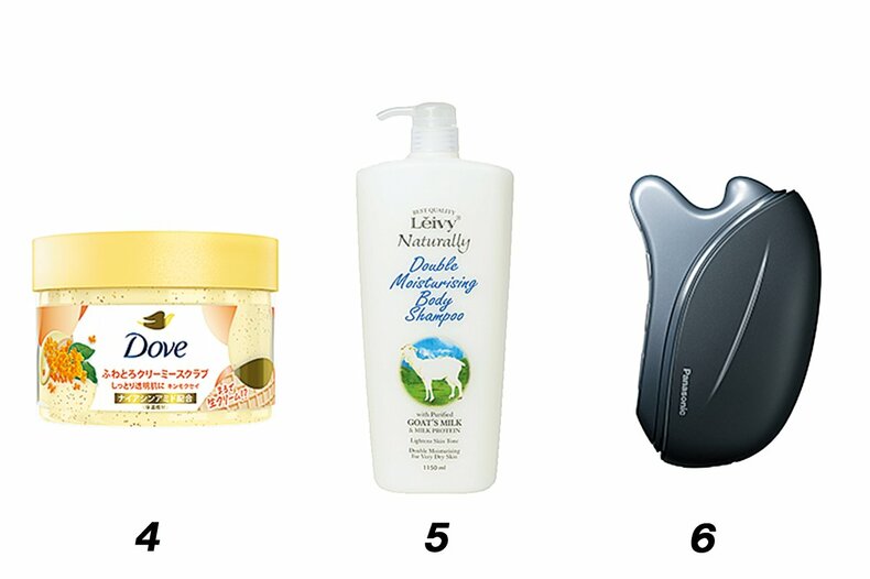 ふわっもちっ♡桜田ひよりボディを叶える愛用アイテム6選　4 ダヴ　ふわとろクリーミースクラブ　キンモクセイ　298g　オープン価格／ユニリーバ･ジャパン　　5 レイヴィー･ナチュラリー　ボディシャンプー　ゴートミルク　500㎖　￥960／アクシス　6 パナソニック　バイタリフト かっさ EH-SP86　オープン価格
