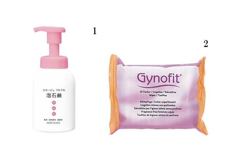 1.コラージュフルフル泡石鹸 ピンク（医薬部外品）　300㎖　￥2,530／持田ヘルスケア2.ギノフィット デリケートゾーン ふき取りシート　無香料　25枚入り　￥980／ギノフィット ジャパン