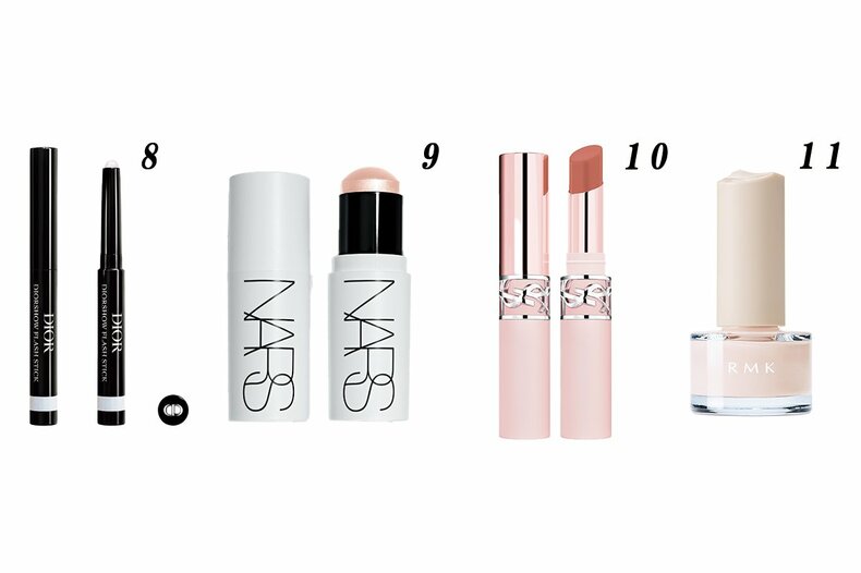 森七菜ar表紙メイク・使用コスメ一覧　8.ディオールショウ フラッシュ スティック　024　￥6,160／パルファン･クリスチャン･ディオール　9.ナーズ　ライトリフレクティング ルミナイジングスティック　04233　￥6,160　10.YSL　ラブヌード リップスティック　7　￥5,500／イヴ･サンローラン･ボーテ　11.RMK シャイン ラッシュ ネイルカラー　01　￥ 2,200　