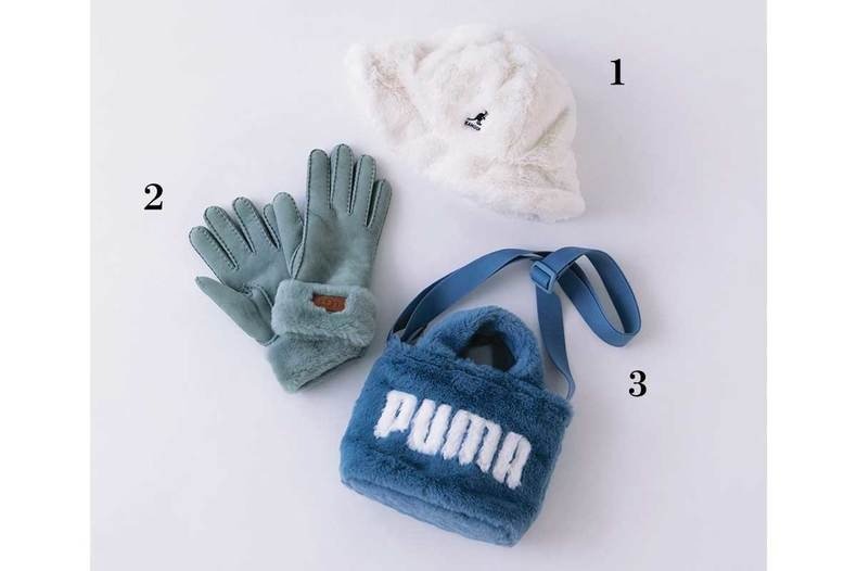 最新「ファーアイテム」17選 バッグ・ハット・小物編　1.帽子￥12,100／カンゴール ヘッドウェア　2.手袋￥17,369／アグ®（ディッカーズジャパン）　3.バッグ￥5,600／プーマ（プーマ お客様サービス）