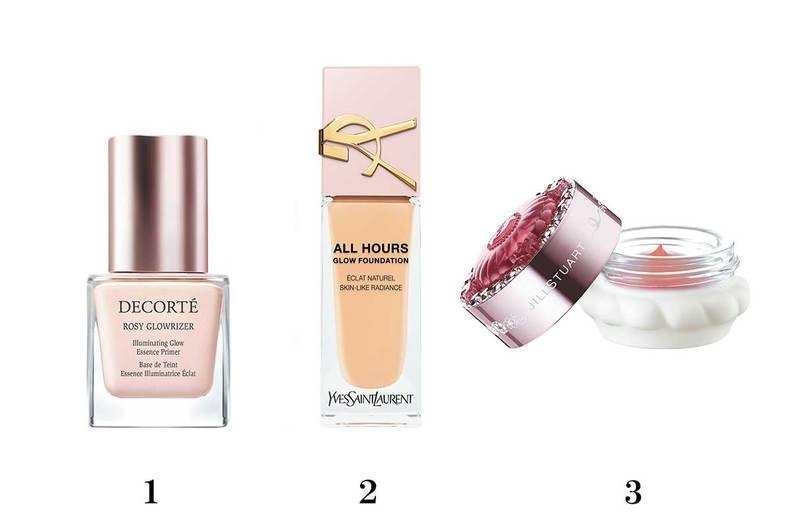 1.コスメデコルテ　ロージー グロウライザー +　SPF15・PA++　30㎖　￥4,950　 2.YSL BEAUTY　オールアワーズ リキッド グロウ　LC1　￥8,360／イヴ・サンローラン・ボーテ　3.ジルスチュアート　　バウンシング マルチカラー　05　￥3,520（限定）／ジルスチュアート　ビューティ　
