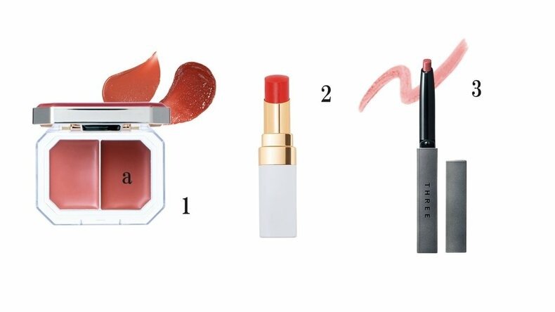 1.オルタナティブステレオ　リップ&チーク ブラッシング ペンダント　07　￥2,145／武内製薬　2.シャネル シャネル ルージュ ココ ボーム　756　￥5,830　3.THREE　ドリームオン アリューリング リルone　02　￥4,070