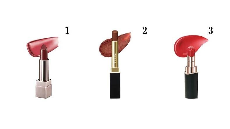 1.キスミー フェルム　ルージュアクト　06　￥1,650／KISSME（伊勢半）2.SUQQU　ベルベット フィット リップスティック　08　￥5,830（セット価格）3.コスメデコルテ　ルージュデコルテ　クリームグロウ　01G　￥5,500