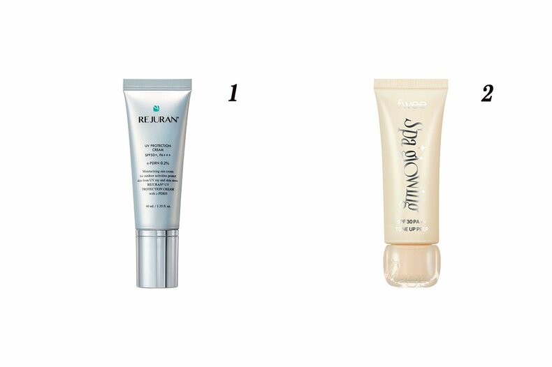 森七菜　メイク・愛用コスメ8選｜ツヤ×洗練　1.リジュラン　UVプロテクション クリーム　SPF50+･PA+++　40㎖　￥3,135／ハンファ ジャパン 2.fwee　スパグロウUVトーンアップベース　01　SPF30･PA++　35㎖　￥2,310／BENOW