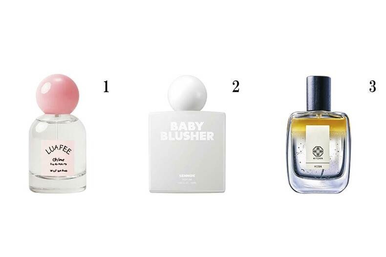 1.ルアペ オーラブ オードパルファム　30㎖　 ￥5,940／フィッツコーポレーション 2.センノック　パフューム　ベイビーブラッシャー　50㎖￥9,900／ワンダーライン　3.KITOWA　オー・エクロジオン ヒバ　50㎖　￥22,000