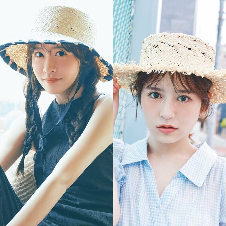 櫻井優衣＆月足天音の麦わら帽子コーデ　<br>櫻井優衣（左）・月足天音（右）2025年ar7月号より