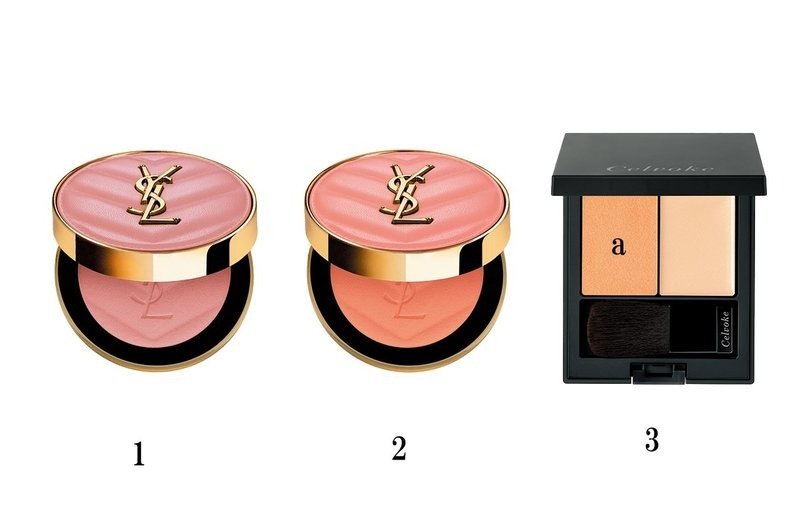 1. YSL BEAUTY YSL メイクミーブラッシュ パウダー No.06 各¥8,360/イヴ・サン ローラン・ボーテ 2. YSL BEAUTY No.57(6/13限定発売) ¥8,360/イヴ・サン ローラン・ボーテ 3. セルヴォーク ポリフォニック ブラッシュ 06 ¥5,390