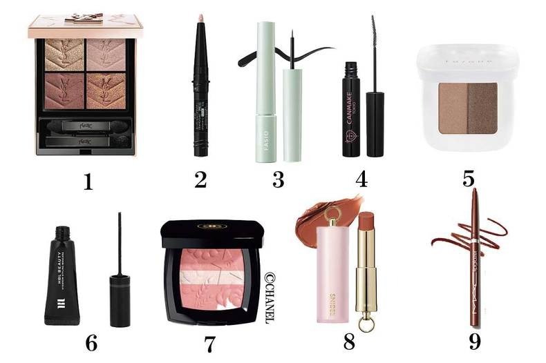 1 クチュール ミニ クラッチ〈コレクター〉　825　￥11,440（数量限定）／イヴ・サンローラン・ボーテ　2 ケイト　スーパーシャープライナー（ラメペンシル）レフィル　PK-1　￥1,210（編集部調べ）／カネボウ化粧品　3 ファシオ　にじまない リキッド アイライナー　01　￥1,430（編集部調べ）／コーセー　4 キャンメイク　カールスナイパーマスカラ　01　￥792／井田ラボラトリーズ　5 トーン　ペタル フロートニュアンス アイブロウ　04　￥2,750　6 HBL BEAUTY　アイブロウ スタイリングマスカラ　02　￥3,960　7 シャネル　レ シーニュ ドゥ シャネル　997　￥11,110（限定）　8 スナイデル　ルージュ クチュール マット　04　￥3,520／スナイデル ビューティ　9 M・A・C　リップグレイザー　マラケシュ　￥3,960