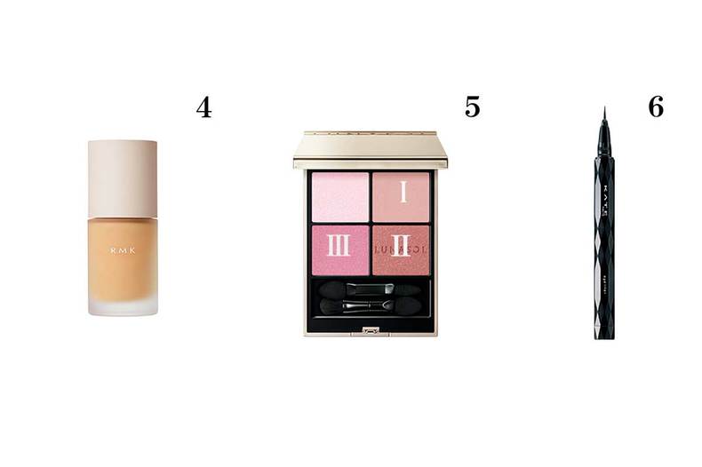 4.RMK　リクイドファンデーション フローレスカバレッジ プラス　SPF22・PA++　102　￥6,600　5.ルナソル　アイカラーレーションN　EX14　￥7,700（限定）　6.ケイト　スーパーシャープライナーEX4.0（ショート筆）　BK-1　￥1,430（編集部調べ）／カネボウ化粧品